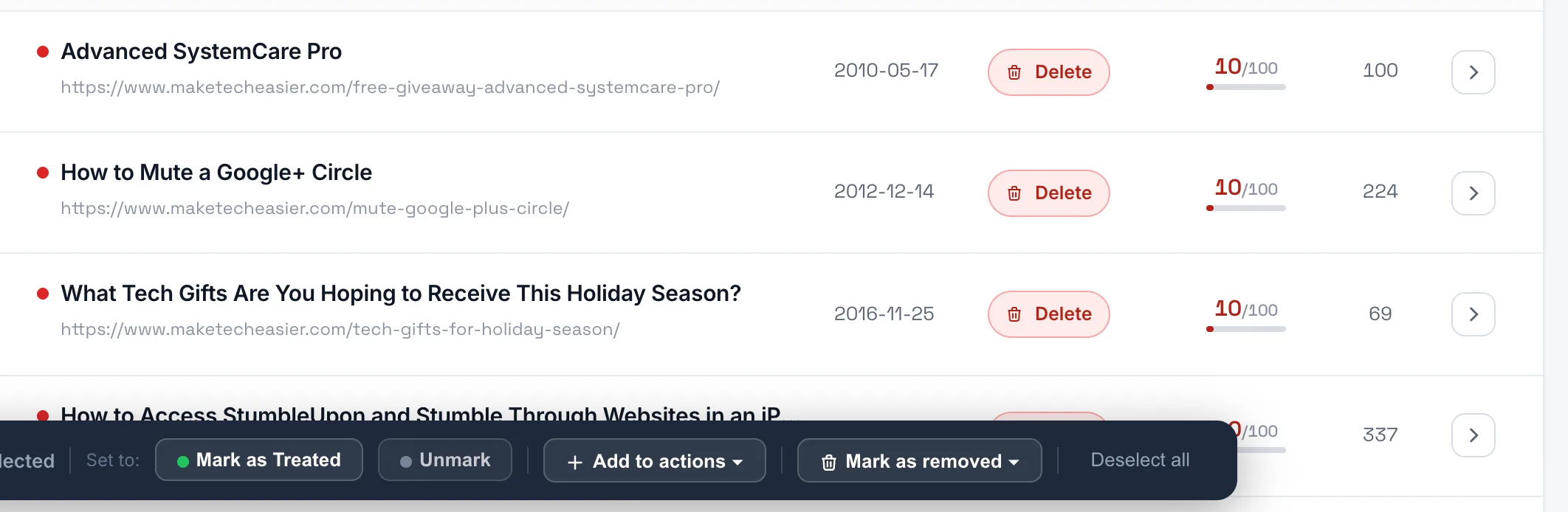 Bulk action bar