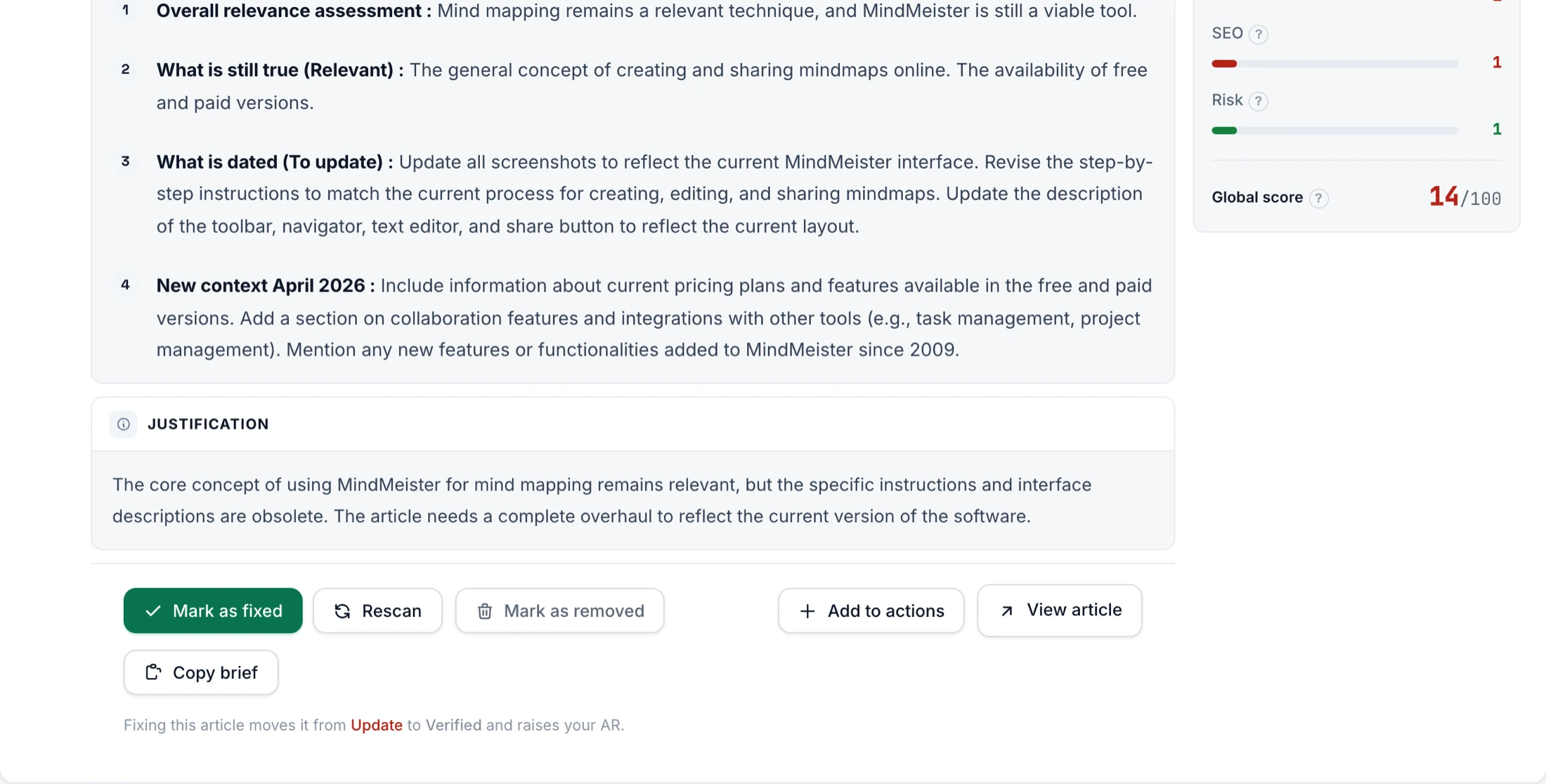 The Copy brief button in the footer of an article marked Update