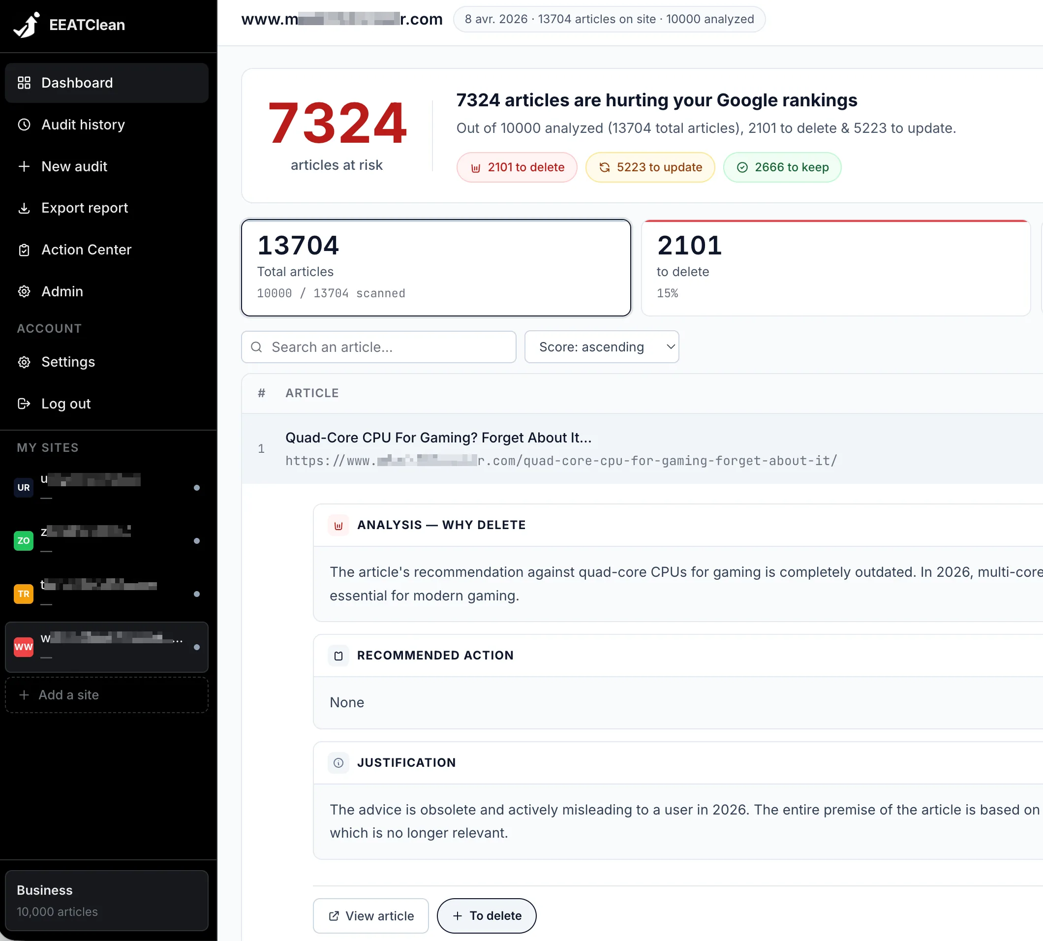 EEATClean dashboard interface