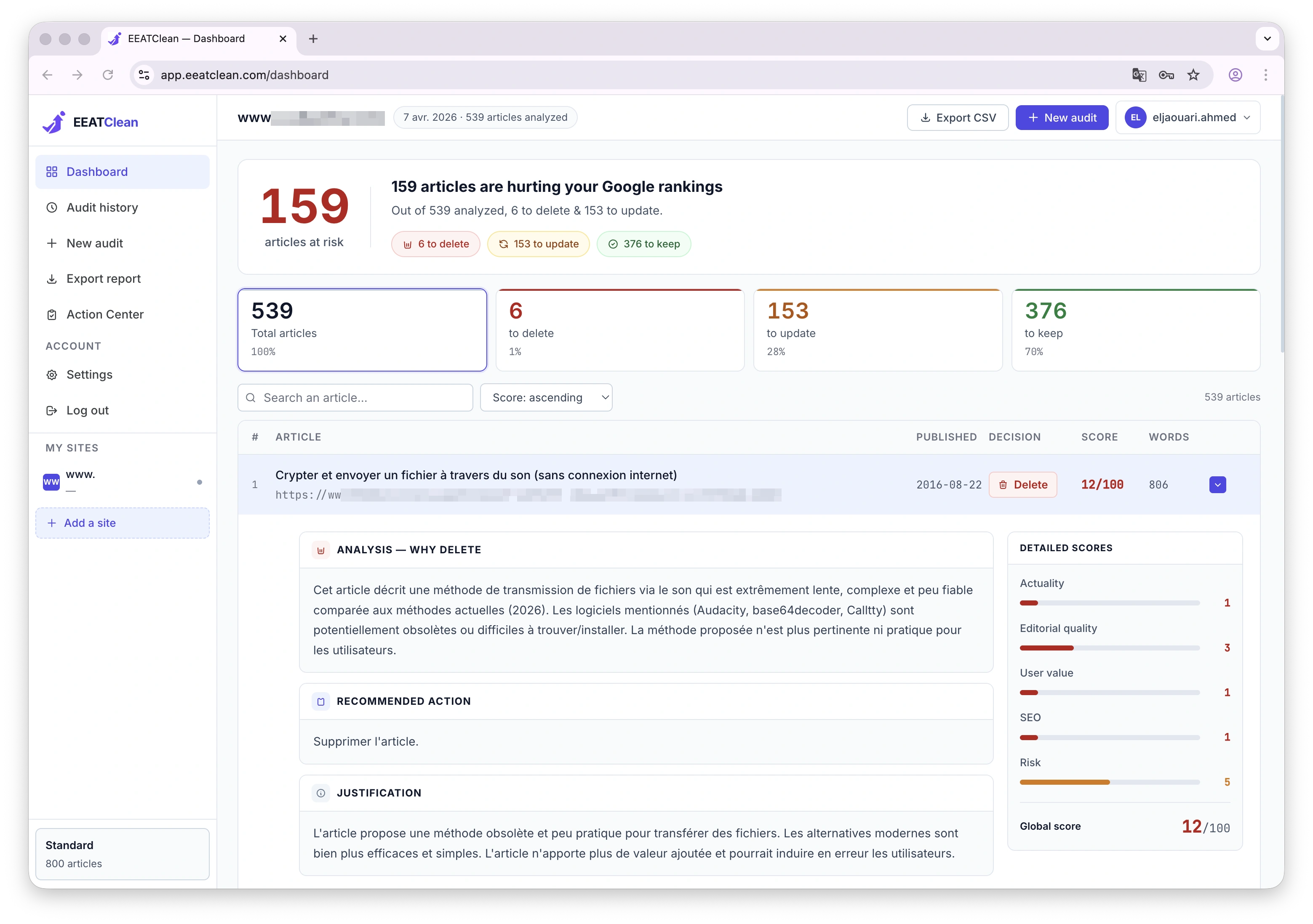 Interface EEATClean, audit SEO