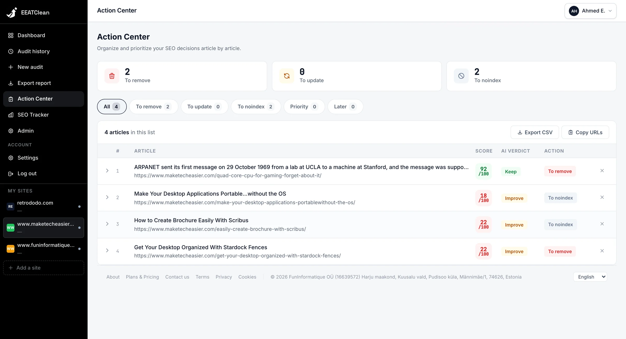 Action center screen: articles grouped by the action required, each with its score, the verdict and the action chosen — remove, update or noindex.