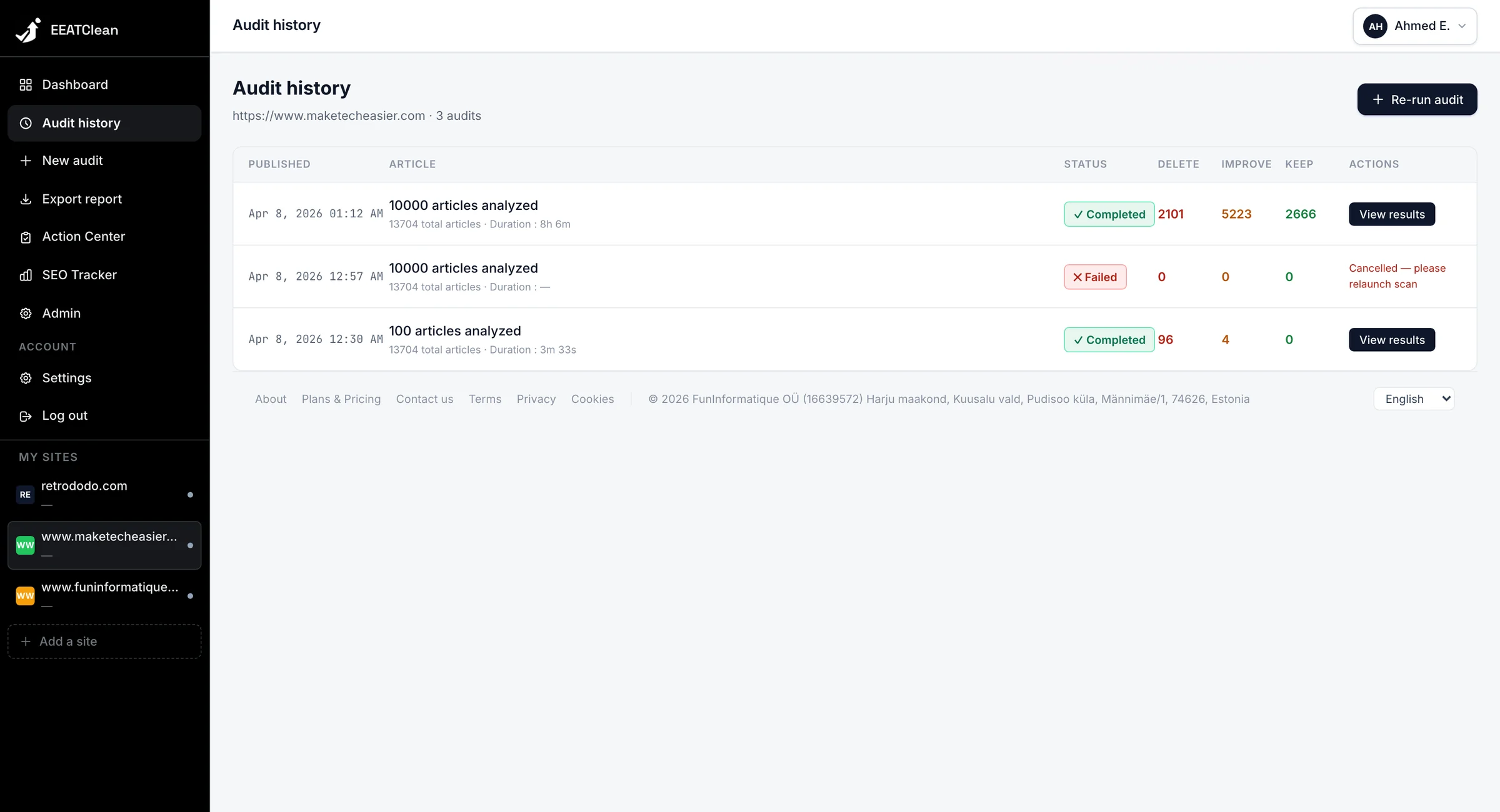 Audit history screen: every scan of the site listed with its date, duration and the number of articles to delete, improve and keep.
