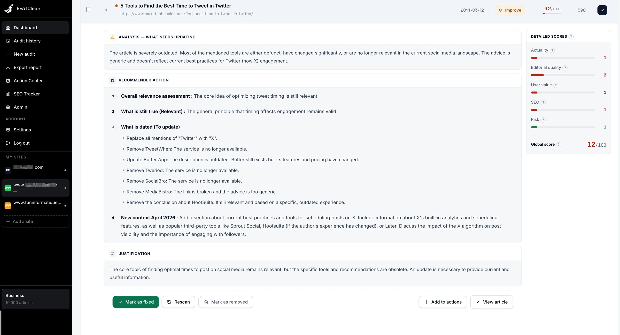 Article analysis screen: an article about Twitter timing tools marked for update, with a numbered breakdown of what is still true and what is dated, down to each tool to replace or remove, and the buttons to mark it fixed or rescan it.